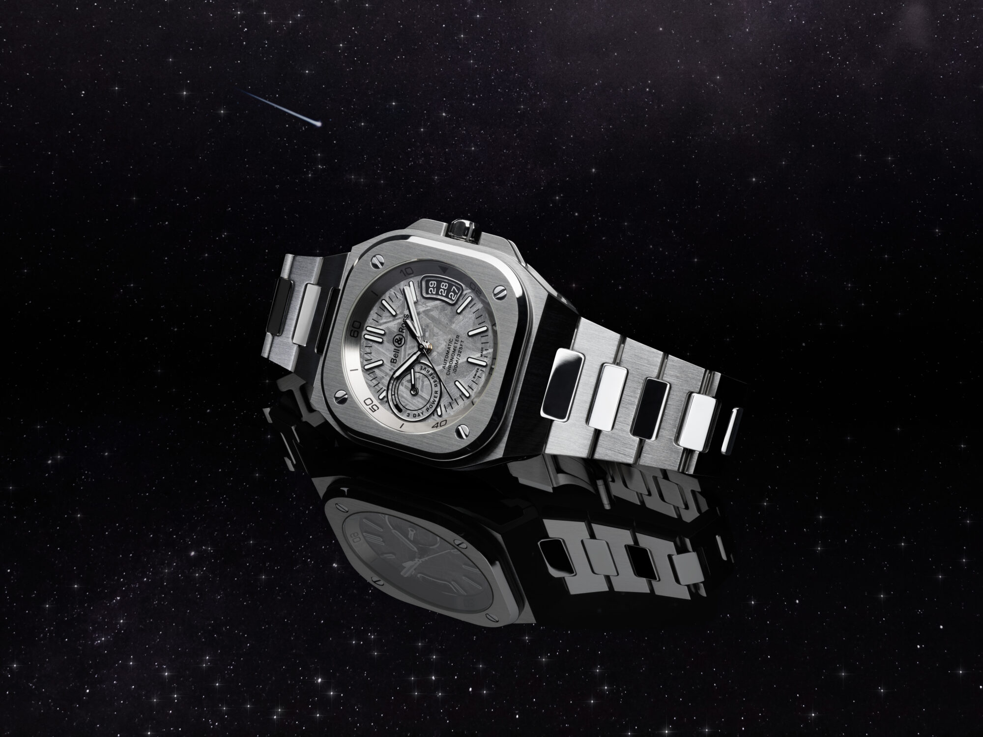 Bell & Ross BR-X5 Meteorite, 41mm steel case with solid Muonionalusta meteorite dial and integrated bracelet