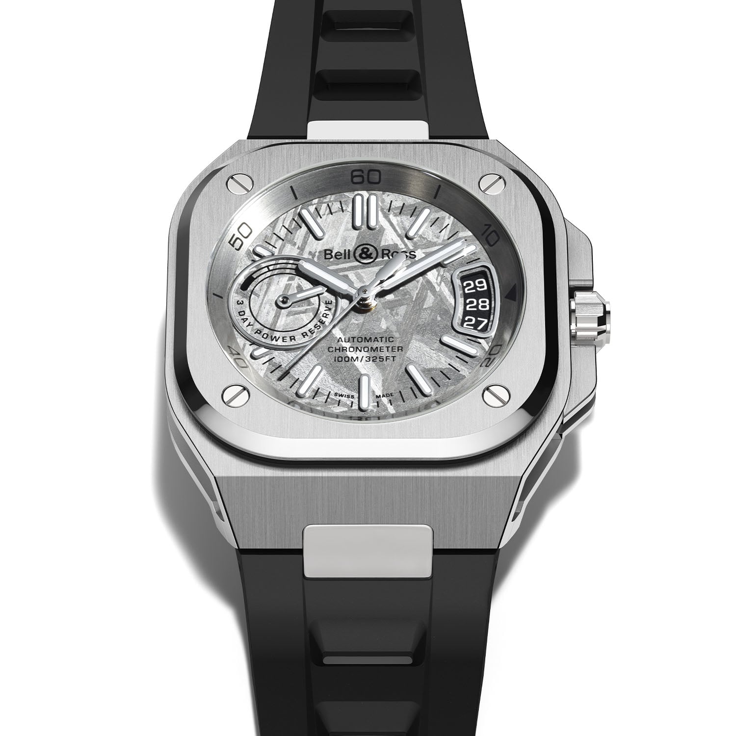 Bell & Ross BR-X5 Meteorite dial close-up showing the Widmanstätten pattern of the Muonionalusta meteorite