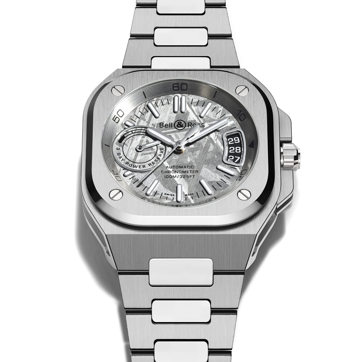 Bell & Ross BR-X5 Meteorite three-quarter view showing case profile and integrated steel bracelet