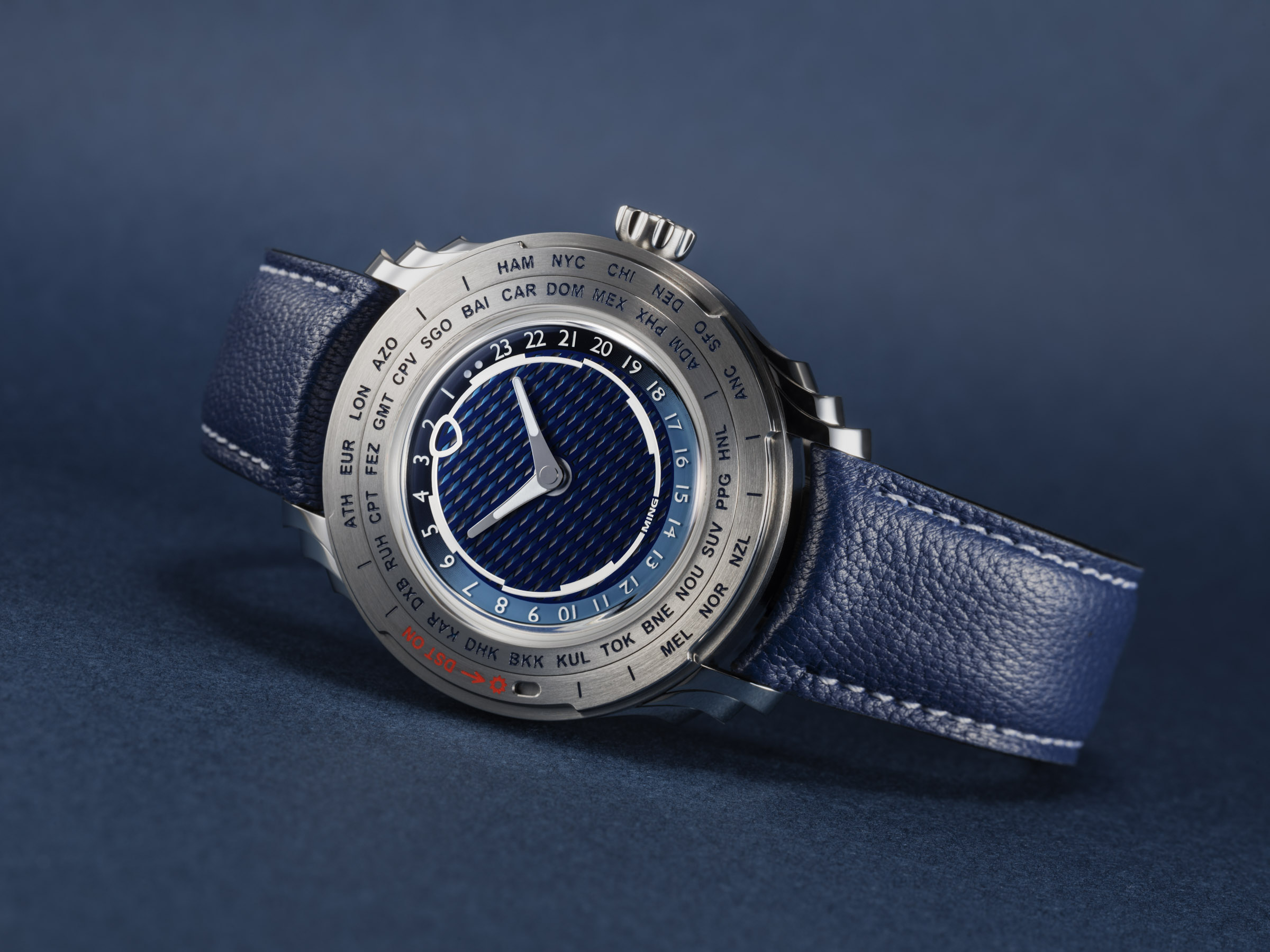 Ming 57.05 Comet with a multilayered blue Comet Tail dial and a dual-bezel daylight-saving mechanism