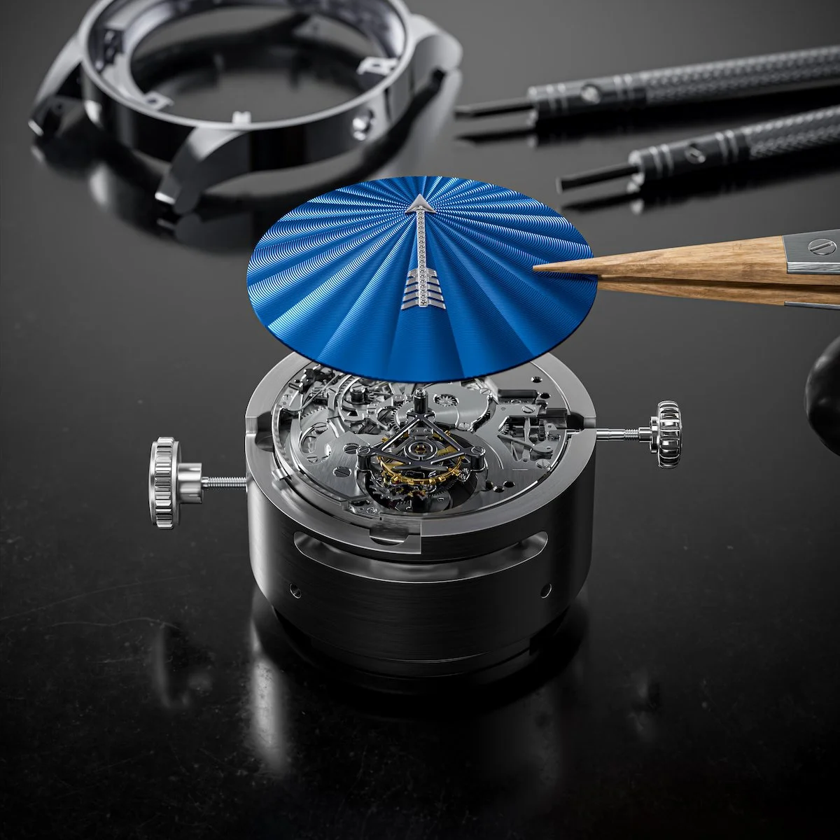 L. Leroy Vox Temporis with a fixed arrow hand over a rotating radial guilloche dial and a flying tourbillon