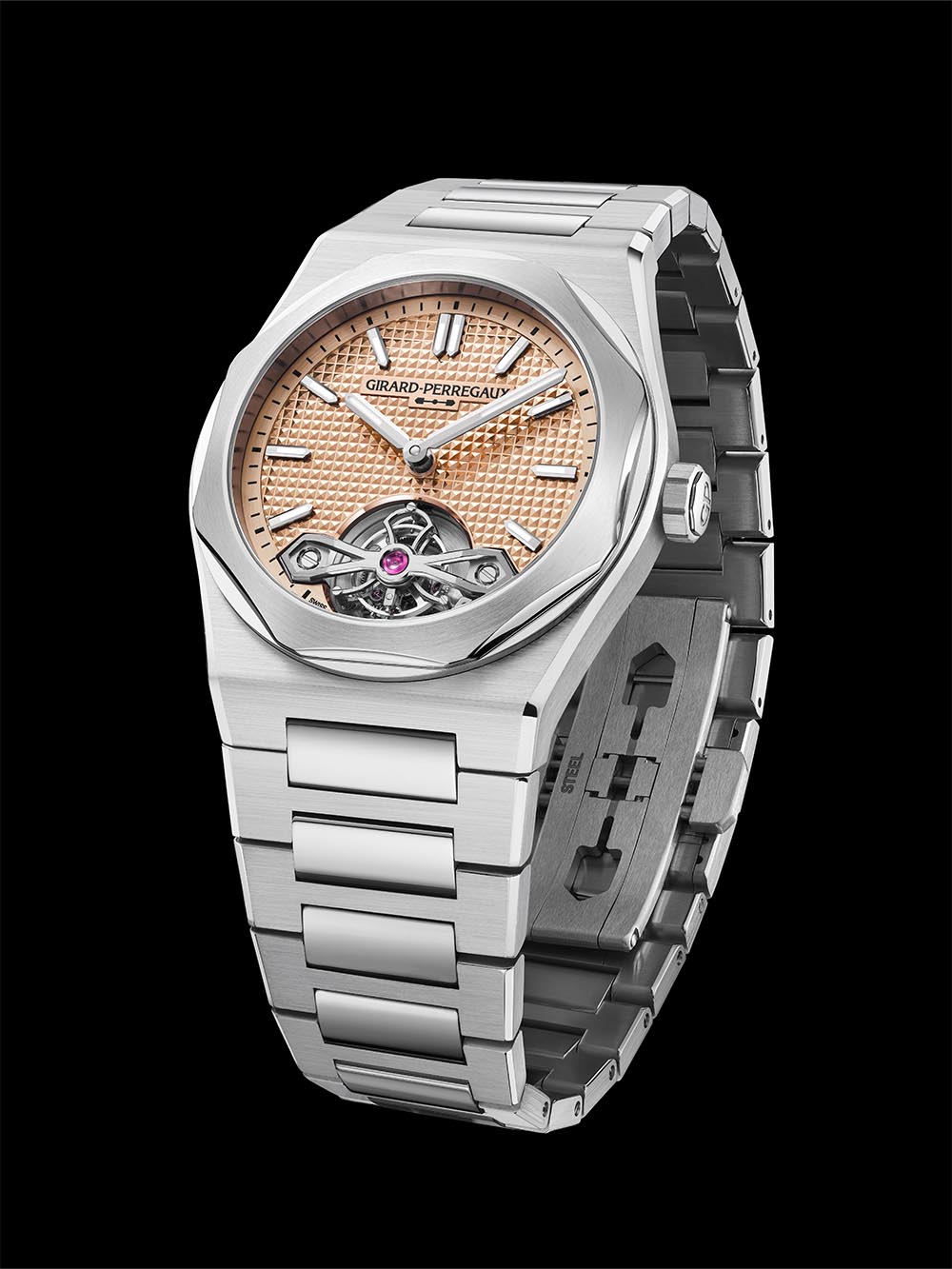 Girard-Perregaux Laureato Fifty Tourbillon 39mm in steel with a Clous de Paris hobnail dial and flying tourbillon