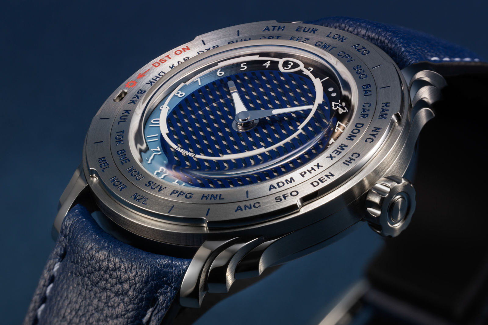 Side profile of the Ming 57.05 Comet showing box crystal, thin case, and bezel-ring architecture