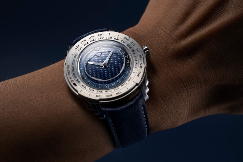 Ming 57.05 Comet worldtimer, 40mm steel case with multi-layered blue dial and dual bezel city rings
