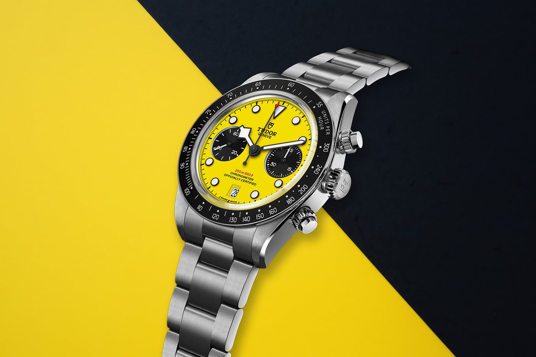 Tudor Black Bay Chrono 39 Bumblebee edition, showing yellow and black dial