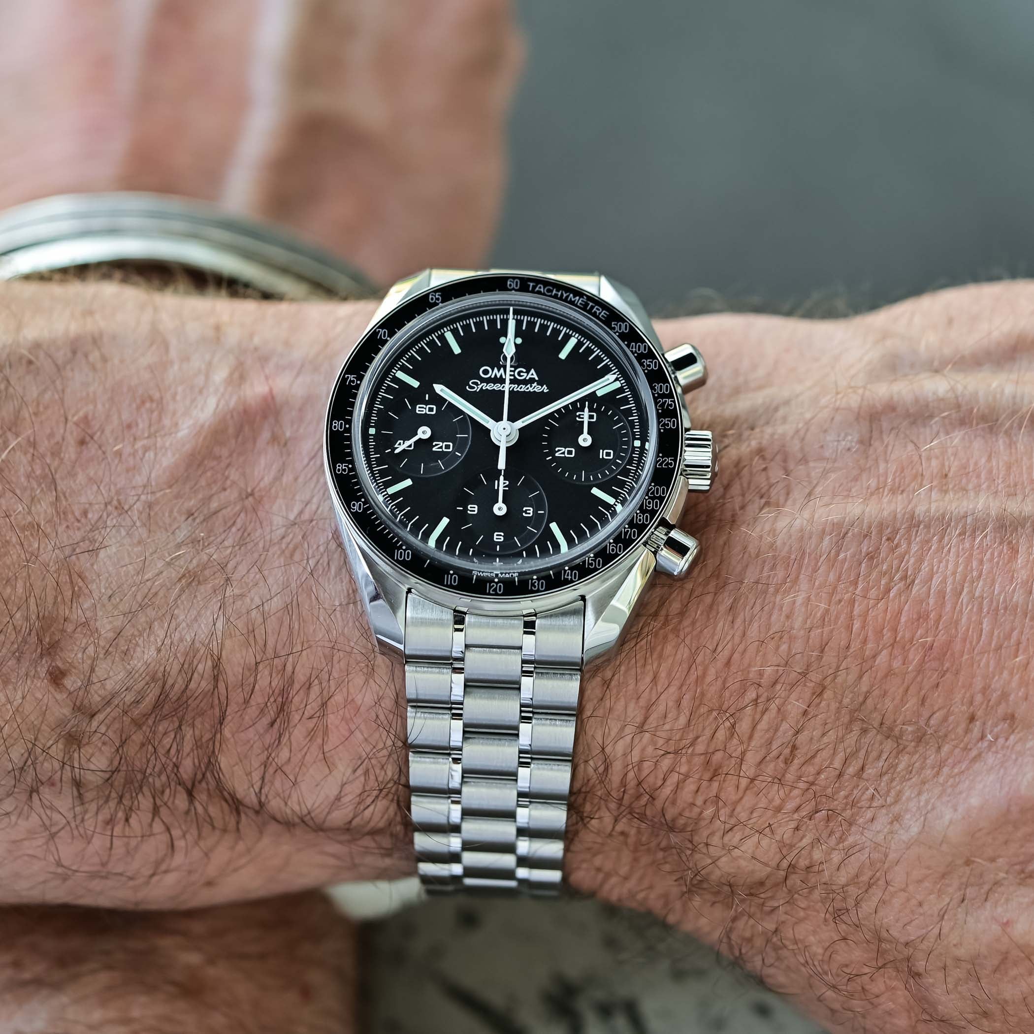 Omega Speedmaster 38 refresh on wrist showing the round sub-dials and vintage-inspired dial layout