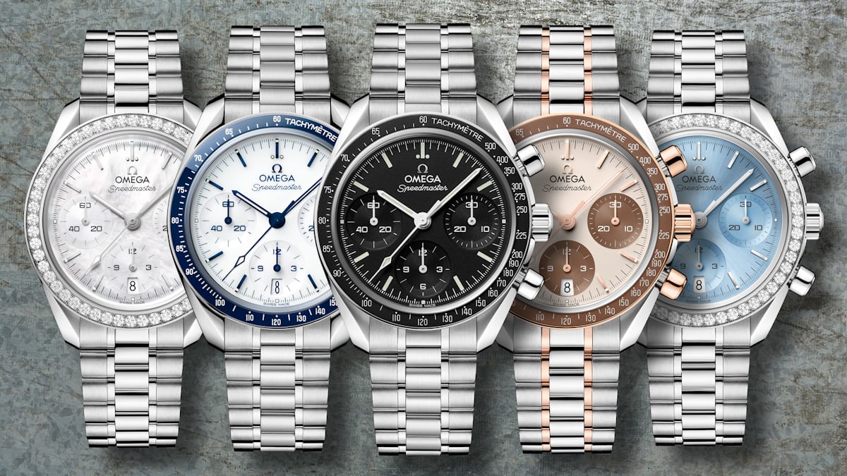 2026 Omega Speedmaster 38mm refresh, family shot showing multiple new references including the black no-date Moonwatch-style dial