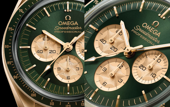 Close-up detail of the Omega Speedmaster 310.60.42.50.10.002 dial and green ceramic bezel with the Ceragold tachymeter scale