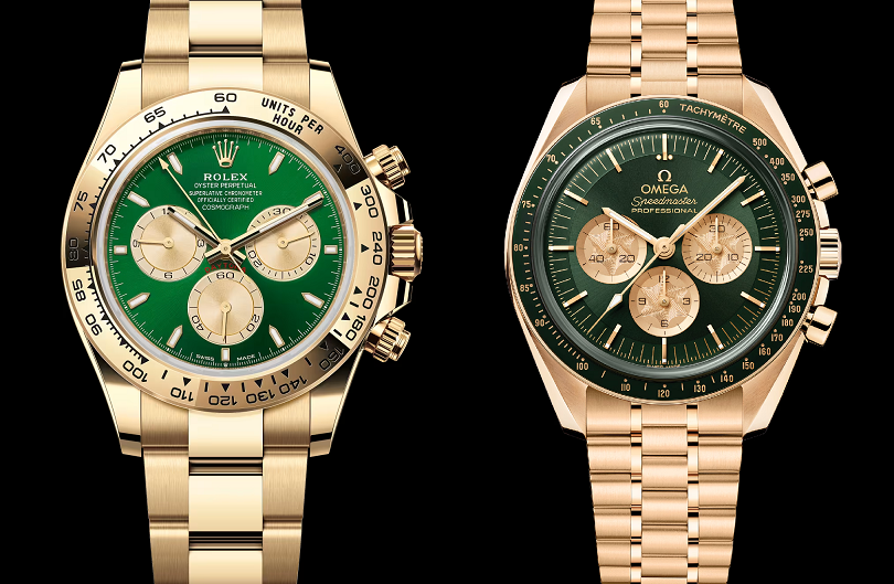 Side-by-side comparison of a yellow-gold Rolex Daytona with green dial and the Omega Speedmaster Moonshine gold green dial 310.60.42.50.10.002